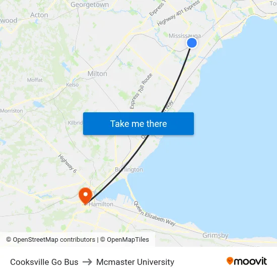 Cooksville Go Bus to Mcmaster University map