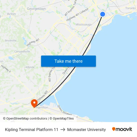Kipling Terminal Platform 11 to Mcmaster University map