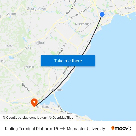 Kipling Terminal Platform 15 to Mcmaster University map