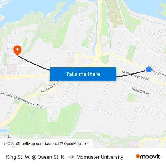 King St. W. @ Queen St. N. to Mcmaster University map