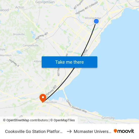 Cooksville Go Station Platform 5 to Mcmaster University map