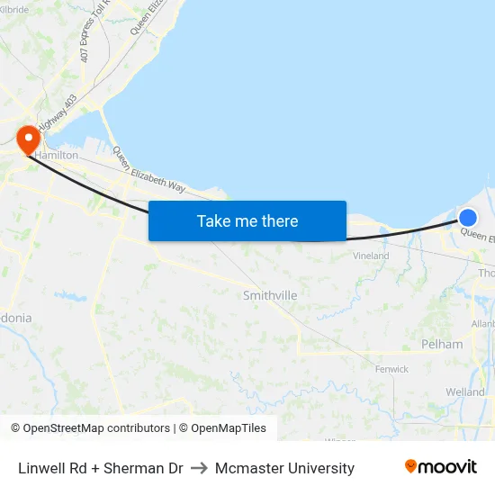 Linwell Rd + Sherman Dr to Mcmaster University map
