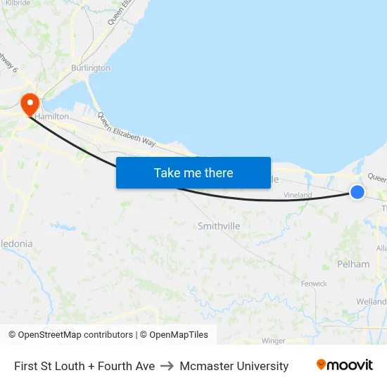 First St Louth + Fourth Ave to Mcmaster University map