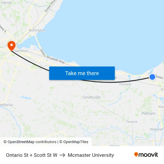 Ontario St + Scott St W to Mcmaster University map