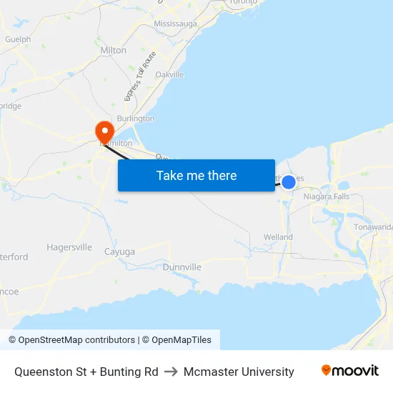 Queenston St + Bunting Rd to Mcmaster University map