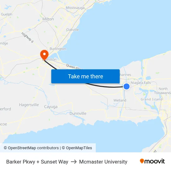 Barker Pkwy + Sunset Way to Mcmaster University map