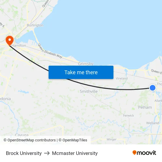 Brock University to Mcmaster University map