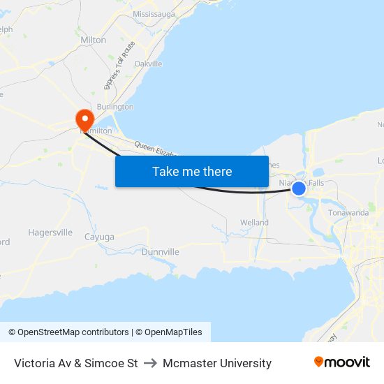 Victoria Av & Simcoe St to Mcmaster University map