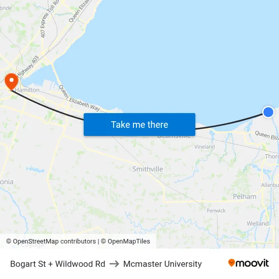 Bogart St + Wildwood Rd to Mcmaster University map