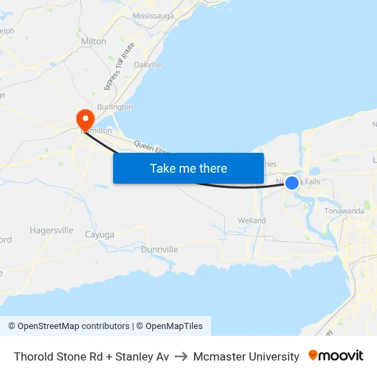 Thorold Stone Rd + Stanley Av to Mcmaster University map