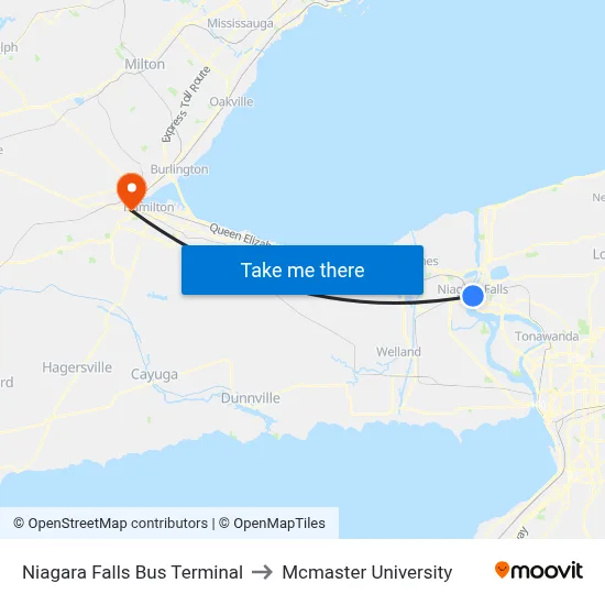 Niagara Falls Bus Terminal to Mcmaster University map