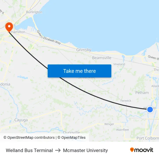 Welland Bus Terminal to Mcmaster University map