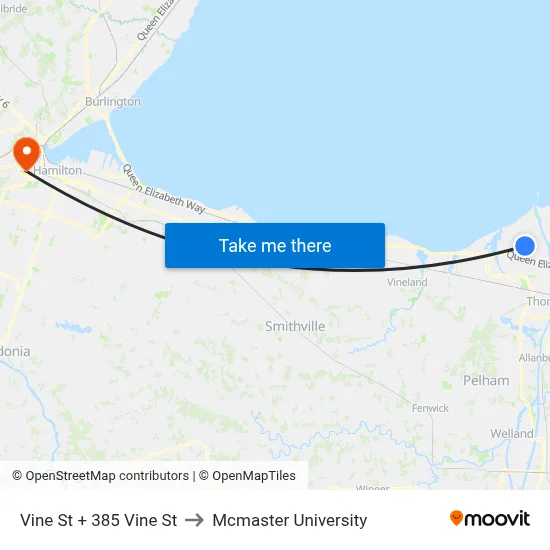 Vine St + 385 Vine St to Mcmaster University map