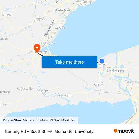 Bunting Rd + Scott St to Mcmaster University map