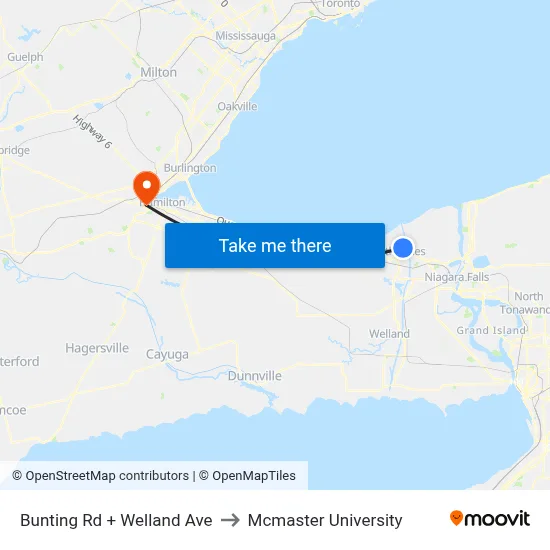 Bunting Rd + Welland Ave to Mcmaster University map