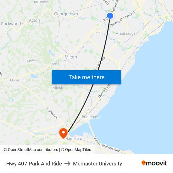 Hwy 407 Park And Ride to Mcmaster University map
