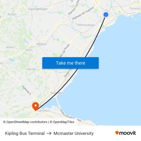 Kipling Bus Terminal to Mcmaster University map