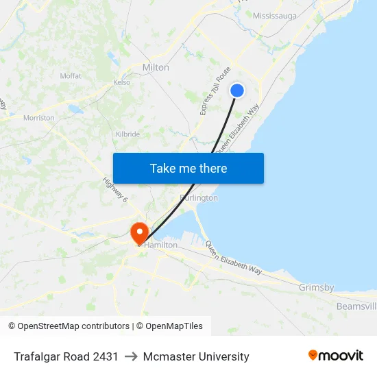 Trafalgar Road 2431 to Mcmaster University map