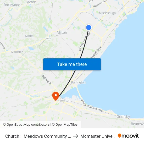 Churchill Meadows Community Centre to Mcmaster University map