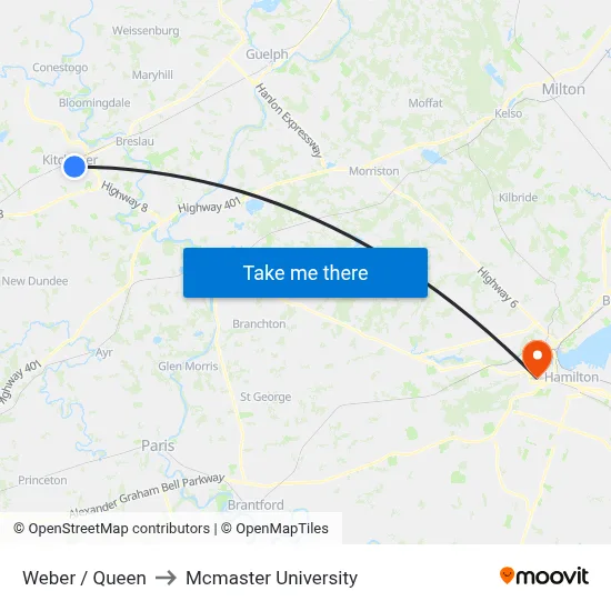 Weber / Queen to Mcmaster University map