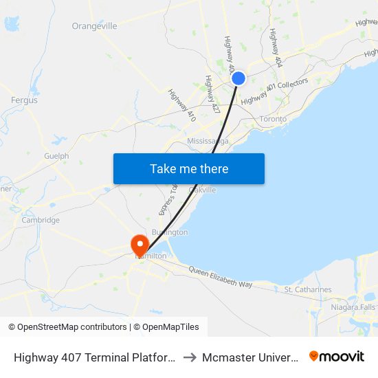 Highway 407 Terminal Platform 4 to Mcmaster University map