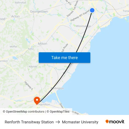 Renforth Transitway Station to Mcmaster University map