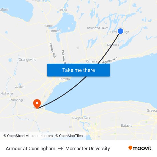 Armour at Cunningham to Mcmaster University map