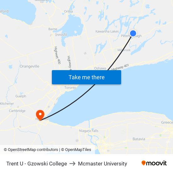 Trent U - Gzowski College to Mcmaster University map