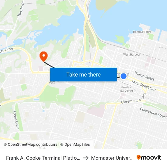 Frank A. Cooke Terminal Platform 6 to Mcmaster University map