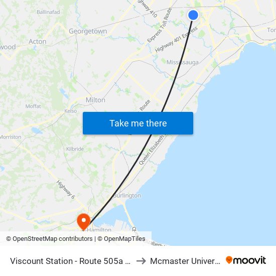 Viscount Station - Route 505a Stop to Mcmaster University map