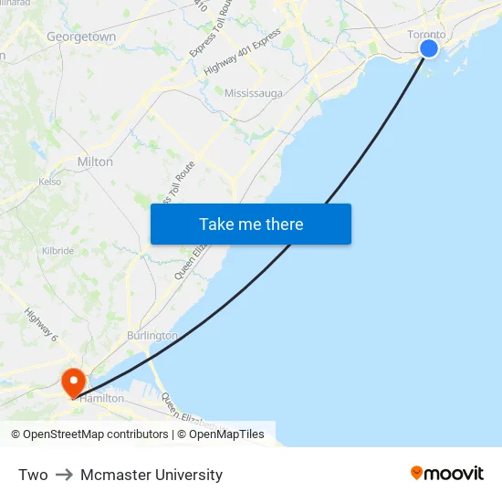 Toronto to Mcmaster University map