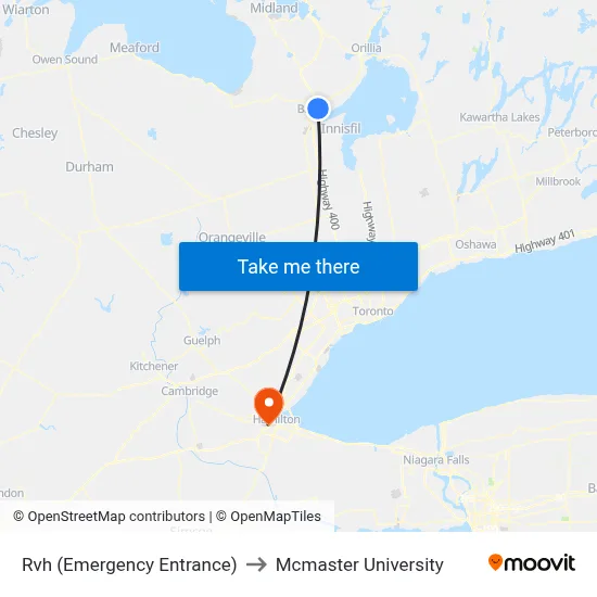 Rvh (Emergency Entrance) to Mcmaster University map