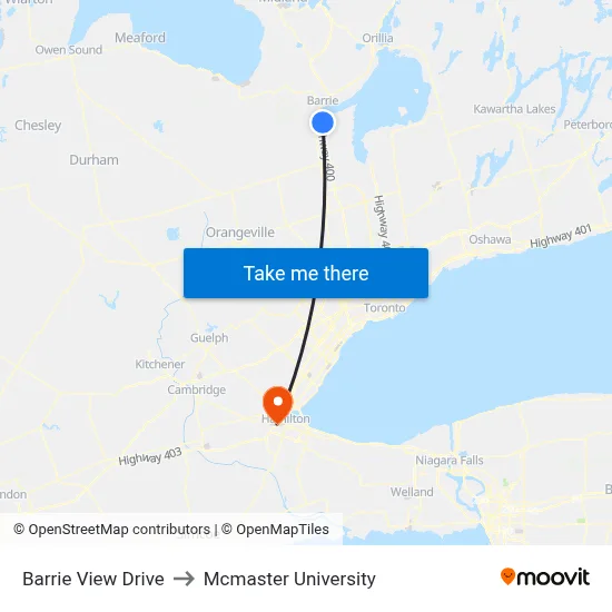 Barrie View Drive to Mcmaster University map