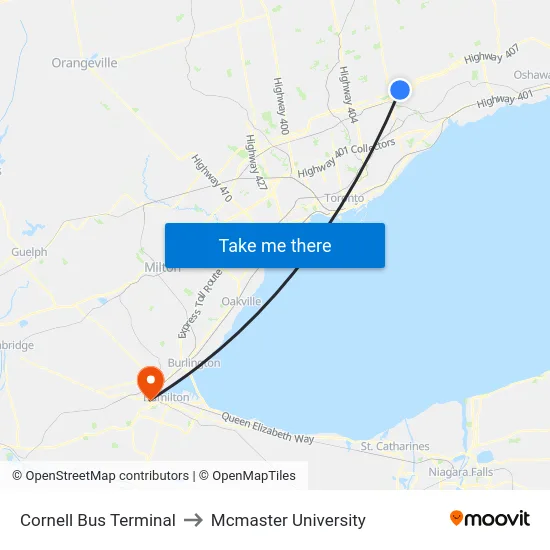 Cornell Bus Terminal to Mcmaster University map