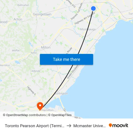 Toronto Pearson Airport (Terminal 1) to Mcmaster University map