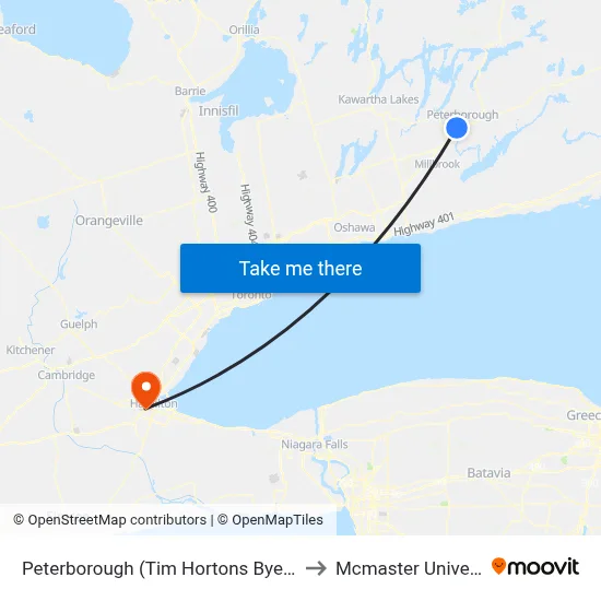Peterborough (Tim Hortons Byersville) to Mcmaster University map
