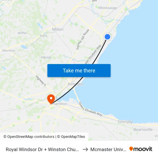 Royal Windsor Dr + Winston Churchill Blvd to Mcmaster University map