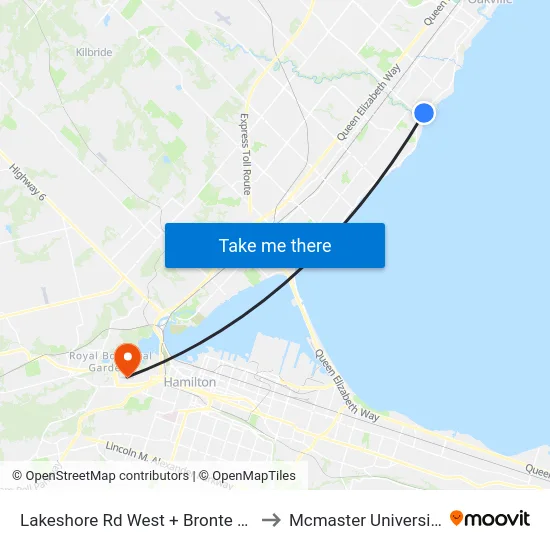 Lakeshore Rd West + Bronte Rd to Mcmaster University map