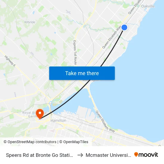Speers Rd at Bronte Go Station to Mcmaster University map