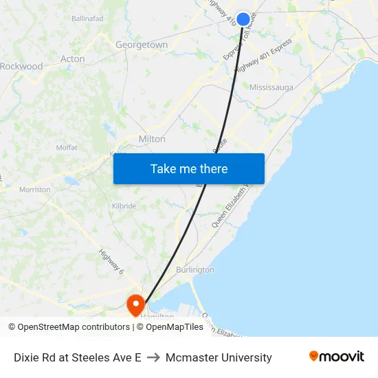 Dixie Rd at Steeles Ave E to Mcmaster University map
