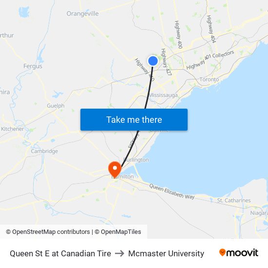 Queen St E at Canadian Tire to Mcmaster University map