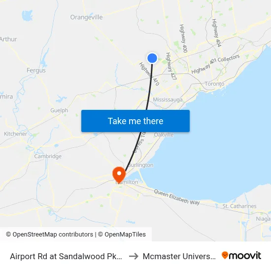 Airport Rd at Sandalwood Pky E to Mcmaster University map