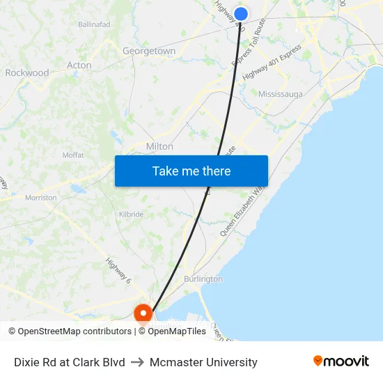 Dixie Rd at Clark Blvd to Mcmaster University map