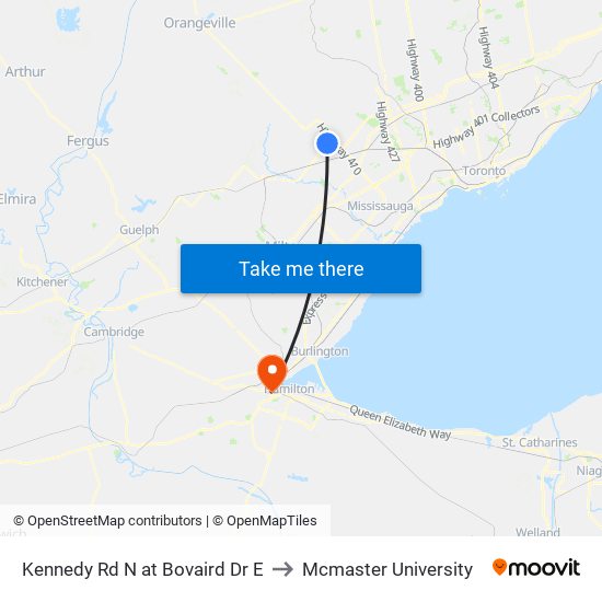 Kennedy Rd N at Bovaird Dr E to Mcmaster University map