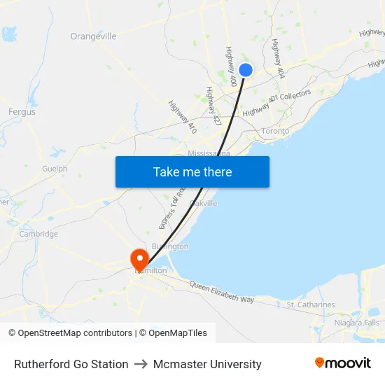 Rutherford Go Station to Mcmaster University map