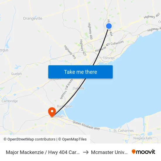 Major Mackenzie / Hwy 404 Carpool Lot to Mcmaster University map