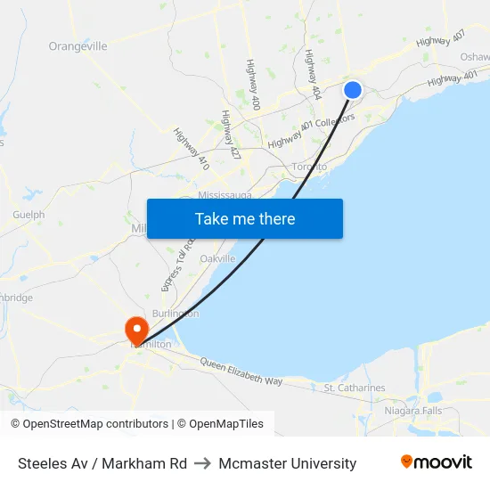 Steeles Av / Markham Rd to Mcmaster University map