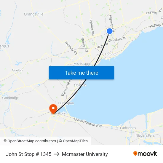 John St Stop # 1345 to Mcmaster University map