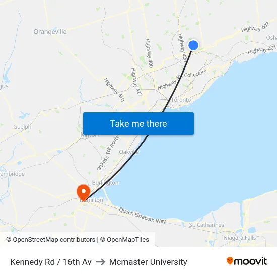 Kennedy Rd / 16th Av to Mcmaster University map