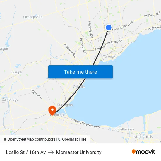 Leslie St / 16th Av to Mcmaster University map